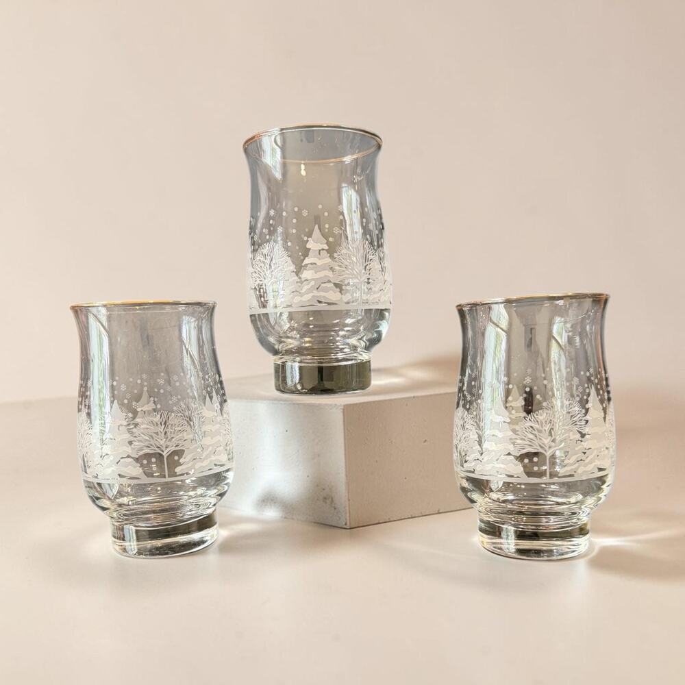 VTG 3 Libbey Frosted Winter Wonderland Etched Glass Tumblers Gold Rim Holiday